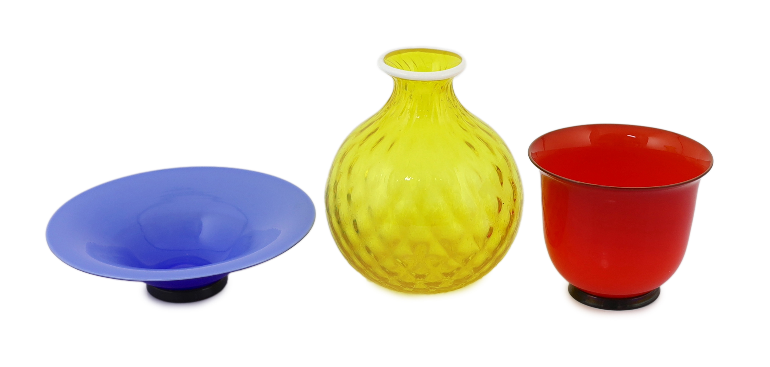 Three Venini multi coloured glass vessels, 1980's